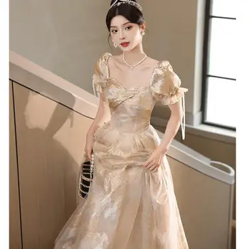 Šampano ilgos vakarinės suknelės vintažinėmis pūstomis rankovėmis Nauja elegantiška A Line Prom suknelė Klasikinė nėriniuota Vestido Longo Festa