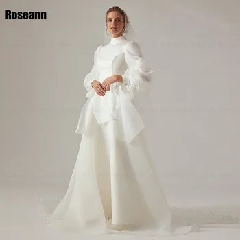 Muslim Simple Ivory A-line vestuvinės suknelės High Collar Bow Tuble Draped Pleat Satin Full Bride Gown Floor Length chalatas de mariée