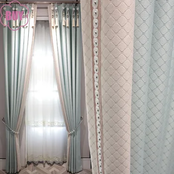 Prabangi tamsių grūdų mergina Rožinė mėlyna žakardo pleistro užuolaidos miegamojo svetainei Prancūziškas langas Individualūs gatavi produktai