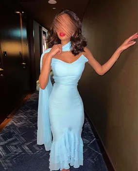 Merida Ruffle vakarinės suknelės 2023 Spagečių dirželiai Šifono undinėlė Arbatos ilgio berankovės elegantiškos vakarėlio suknelės moterims 2023