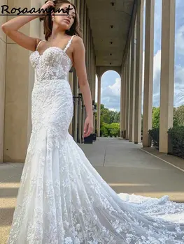 2024 Illusion 3D aplikacijos nėrinių undinės vestuvinės suknelės Spagečių dirželiai Berankoviai Boho nuotakos chalatai