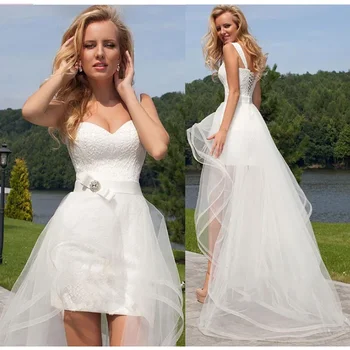 Elegantiška moteriška balta suknelė V-kaklo satino lipduko pakabos dirželis nuimamas tiulio sijonas traukinio pasiūlymas nuotakos pasirinktinė vestuvinė suknelė