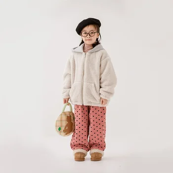 Vaikiškas megztinis Paltas 2023 ruduo/žiema Naujasis Korėjos berniukų ir mergaičių paltas su gobtuvu sutirštintas aksomu