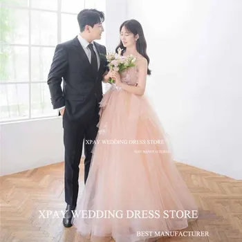 XPAY Spagečių dirželis Korėjietiškas A linijos vestuvinės suknelės 3D gėlės Aplikacijos Nuotakos suknelės Tiulis Pakopinis Individualus nuotakos chalatas