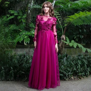 Romantiška raudona O kaklo ilgomis rankovėmis 3D aplikacijos ilgomis rankovėmis Prom suknelės A-Line vakariniai chalatai Grindų ilgis Vakarienė Vakarinė suknelė