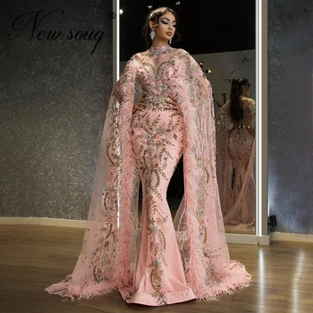 Rožinės plunksnos Evenming suknelės Dubajaus reinostonai Kokteilinės suknelės ilgomis rankovėmis Kristalai Karoliukais puošti prom chalatai Vestidos de Cocktail