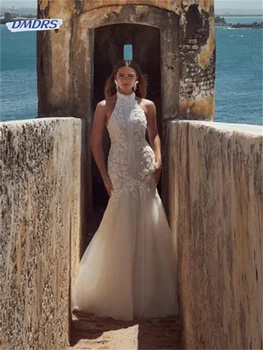 Beach Appliques 3D gėlių vestuvinė suknelė Bohemian Halter Mermaid Bridal Gown Romantic Vestidos De Novia