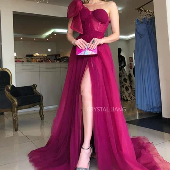 Long Tulle One Shoulder Prom Suknelės Rose Pink Natural Waist Sleeveless A Line Sweep Train Formal Occassion Dresses