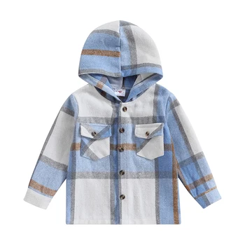 Baby Boy Jacket Ilgomis rankovėmis su gobtuvu pledinis švarkas Užsegamas drabužis su kišenėmis Baby Girl Fall drabužiai