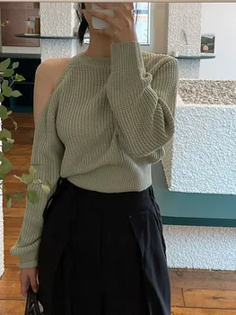 Moterys Rudens megztinis Korėjietiškas prancūziško stiliaus niša Vienas petys tuščiaviduris atviras petys Trumpas apvalus kaklo megztinis D4342