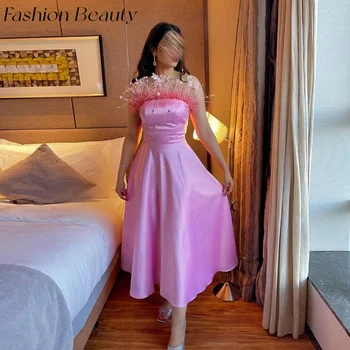 Fashion Beauty Vintage Pink Vakarinės suknelės Plunksnos be petnešėlių Krištolo karoliukai Arbatos ilgio vakarėlio suknelė moterims 2024 فساتين السهرة