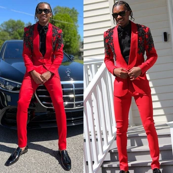 Red Mens Wedding Tuxedos Black Beads Slim Fit Custom Made Groom Prom Wear Pants Suits 2 vnt