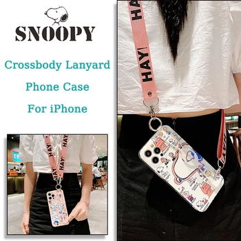 Snoopy Crossbody dirželio telefono dėklas, skirtas IPhone 14 13 12 11 Pro X XR XS Max 7 8 Plus SE Estetika Anime kaklo dirželis mielas dangtelis