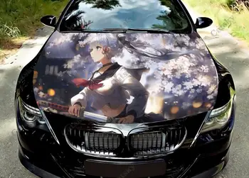 Sakura Anime Girl Car Hood Vinilo lipdukai Apvynioti vinilo plėvelė Variklio dangtelis Lipdukai Lipdukas Universalus automobilio gaubto apsauginė plėvelė