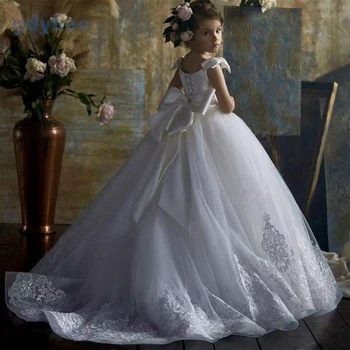 Gėlių mergaitės suknelė Balta pūkuota ir blizganti nėrinių aplikacija Peteliškės diržas Vestuvės Elegantiška gėlė Vaikai Komunija Gimtadienio suknelė