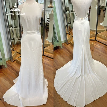 Simple Sexy Halter Open Back Belt Satin Mermaid Wedding Dress For Women Boho Bridal Gowns Sweep Robe De Mariée Vestidos De Novia