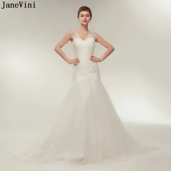 JaneVini 2019 Grakštus tiulis blizgančios ilgos pamergės suknelės V kaklas Princesė Undinėlė Balta vestuvinė suknelė Vestido Novia Princesa