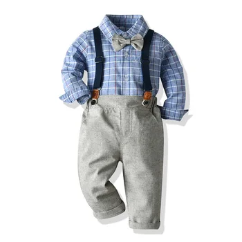 Export Children's Clothing Boys British Style Suspender Pants Suit Pled-Sleeveed Shirt Long-Sleeved Shirt Two-Piece Set Wholesale