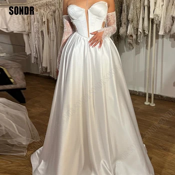 SONDR Modern A Line Nėrinių vestuvinės suknelės Satin ilgomis rankovėmis Ilgos moterys Elegantiški nuotakos nuotakos chalatai Suknelė Vestido de noiva