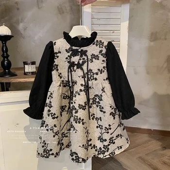 Girls Dress Girl Chinese Style Dress New Chinese Dress 2023 Autumn and Winter Plus Cashmere New Children Fake Two National Dress