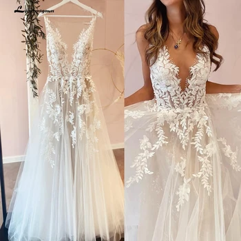 Sexy A-Line Backless Wedding Dress 2023 Vintage Nėrinių aplikacijos karoliukais nuo balto tiulio vestuvinių chalatų Trouwjurk Ilga nuotakos suknelė