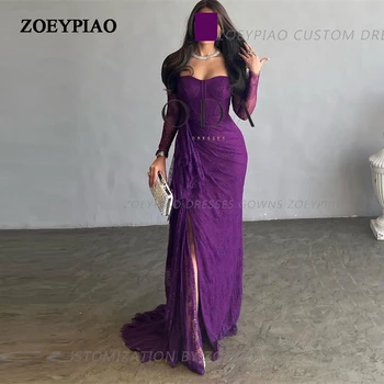 Prabangios violetinės ilgos nėriniuotos vakarinės suknelės Dubajaus arabų moterys pilnomis rankovėmis vakarėlis Oficialūs chalatai Mieloji Elegantiška oficiali prom suknelė