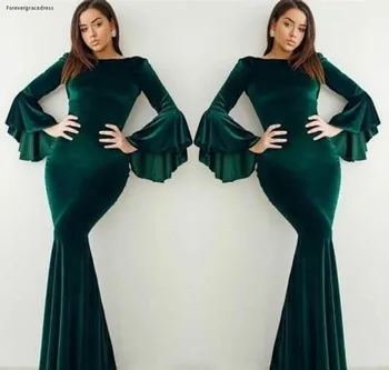 2019 Aksominė tamsiai žalia vakarinė suknelė Elegantiška arabiška Dubajaus blyksnis ilgomis rankovėmis Atostogų moterys dėvi oficialų vakarėlio suknelę plius dydis