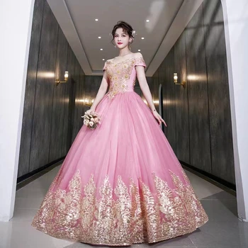 Rožinės svarainių suknelės Auksiniai blizgantys aplikacijos blizgesys Oficialus gimtadienio vakarėlis Prom Ball suknelė Vestidos De 15 Anos korsetas