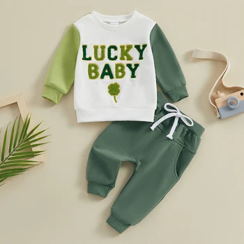 Toddler Baby Boys Irish Day Sets Letters Four Leaf Clover Siuvinėjimo ir sutraukiamų kelnių rinkiniai