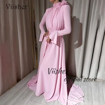 Rožinės šifono vakarinės suknelės ilgomis rankovėmis Arabiška oficiali prom suknelė su traukinio vakariniais vakarėliais moterims 2024
