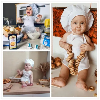 Baby Chef Prijuostės kepurė vaikams Kostiumai Šefas Baby Cook kostiumas Kūdikių fotografija Prop 2vnt/komplektas