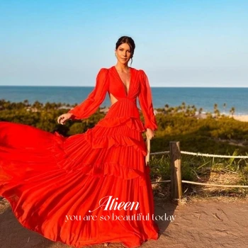 Aileen Elegantiška ilga vestuvinė suknelė Moterys Elegantiška prabangi linija Suknelės Gala šifonas Raudonas kamuolinis chalatas Oficialios progos suknelės