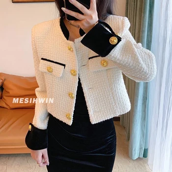 Korean Fashion Button Tweed Jacket Women Vintage Patchwork ilgomis rankovėmis drabužiai Plonas apvalus kaklas Apkarpytas paltas Viena krūtinė