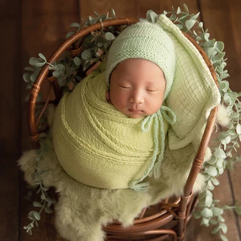 Naujagimių fotograpy rekvizitai Fonas Stretch Minkšti įvyniojimai Kepurė Pagalvė Baby Fotografia Rekvizitai Žalia juos Apranga Kūdikių nuotraukų priedai