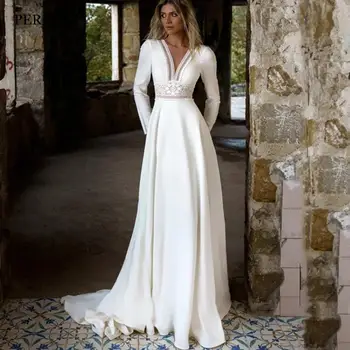PERFECT Bohemian V-Neck Satin vestuvinės suknelės 2023 m. Nėrinių aplikacijos A-Line nuotakos chalatai Pagal užsakymą pagamintas chalatas De Mariée