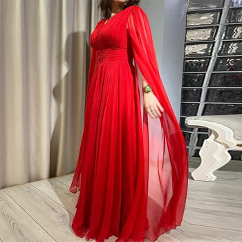 Klasikinės raudonos šifono vakarinės suknelės A-Line Plisuotos Paty Prom chalatai V-Neck Prom chalatai moterims Long Cape Sleeve vestido de gala