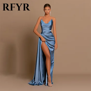 RFYR Mėlynos vakarinės suknelės Undinėlė فستان سهرة Mielosios Satin Prom suknelės Ilgas plyšys Ruched Plisuotos oficialios vakarinės suknelės