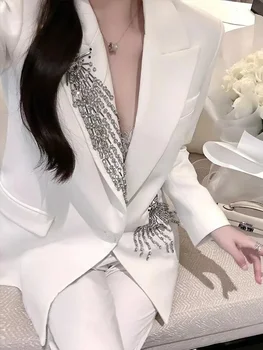 Ladies Blazer Luxury Rhinestone Office Business Wedding Exquisite Elegant Suit Single Top