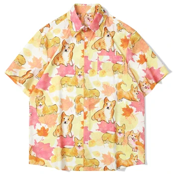 Mens Hawaiian Cute Dog Print Shirts Harajuku Summer Fashion Button Casual Beach atostogų marškinėliai