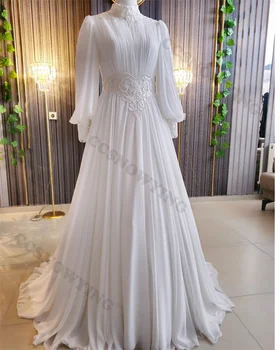 Elegantiškos aplikacijos musulmoniška vestuvinė suknelė nuotakai ilgomis rankovėmis arabiška nuotakos suknelė aukštu kaklu hidžabo chalatas de soirée de mariage