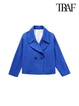 TRAF Moterų mados oversized apkarpytas vilnonis paltas Vintage ilgomis rankovėmis priekinis mygtukas Moteriški viršutiniai drabužiai prašmatnūs