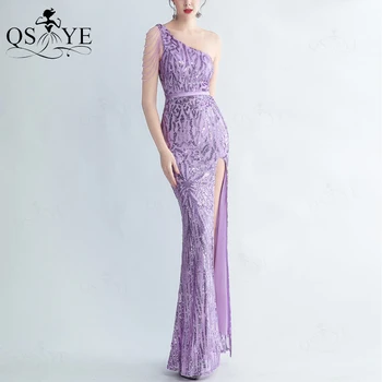 Sparkle Violetinės ilgos prom suknelės Vieno pečių rašto blizgučiai nėriniai tinka vakarinė suknelė Karoliukų dirželiai Kristalai Levandų vakarinė suknelė