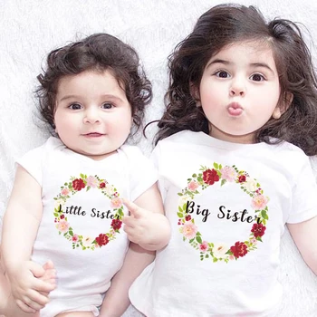 Big Sister Little Sister Twins Kids Tshirt Summer Short Sleeve Letter Tops Girls Graphic Tee Twins Matching Outfit T-shirt Tee