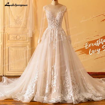 Lakshmigown Prabangios ilgos rankovės Gėlių nėriniai Vestuvinė suknelė 2023 Princesės karoliukai Tiulio vestuviniai chalatai Bestidos De Novia