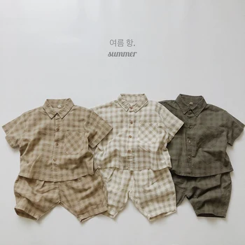 Vaikiški drabužiai Kostiumas Lininė medvilnė Trumpomis rankovėmis Grotelės Marškiniai+Šortai 1-6 m. 