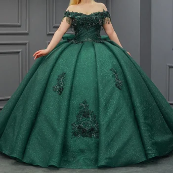 Juodai žali blizgučiai Krištoliniai raukiniai Rutulinis chalatas Quinceanera suknelės nuo pečių aplikacija Nėrinių karoliukai Korsetas Vestido De 15