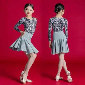 Vaikų profesionali pramoginė lotynų šokių suknelė mergaitėms Pramoginių šokių kostiumai vaikams Leopardo atspaudas Viršutinis sijonas Samba F116