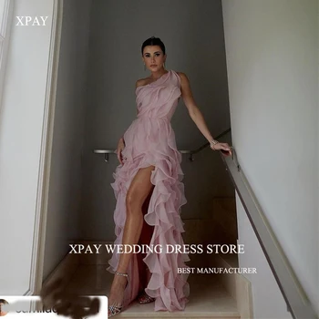XPAY Princesė Rožinė Organza Prom suknelės Unikalios kaklo padalijimo grindų ilgis Vakariniai chalatai Oficiali proga Vakarinė suknelė Vestidos