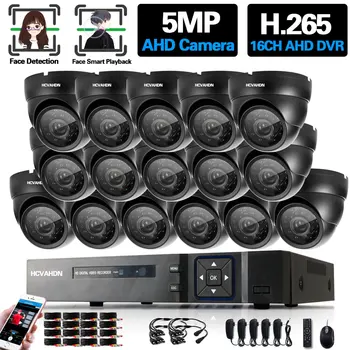 AHD vaizdo stebėjimo kameros apsaugos sistemos komplektas 16 kanalų DVR rinkinys 5MP lauko vidaus namų juodas kupolas vaizdo stebėjimo kamerų rinkinys 16CH 8CH