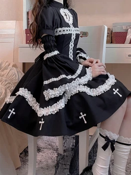 2023 Japoniško stiliaus gotikinė Cosplay suknelė Moteriškas visų rungtynių chalatas ilgomis rankovėmis raukiniai nėriniai Juodos midi suknelės Y2k Lolita Vestidos